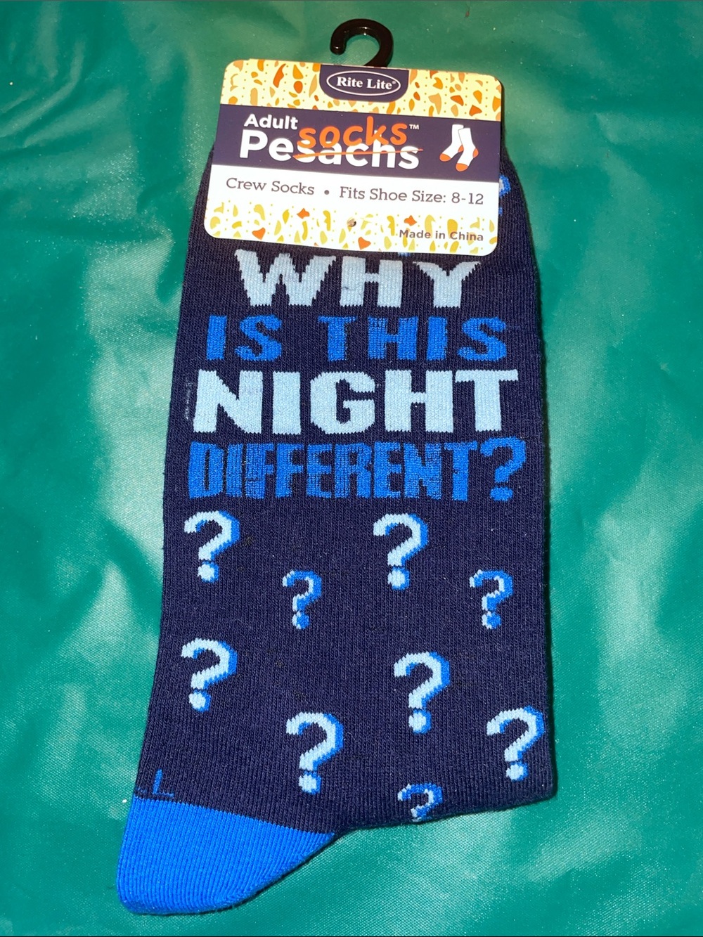Navy & Blue Passover Crew Socks - 'Why Is This Night?'